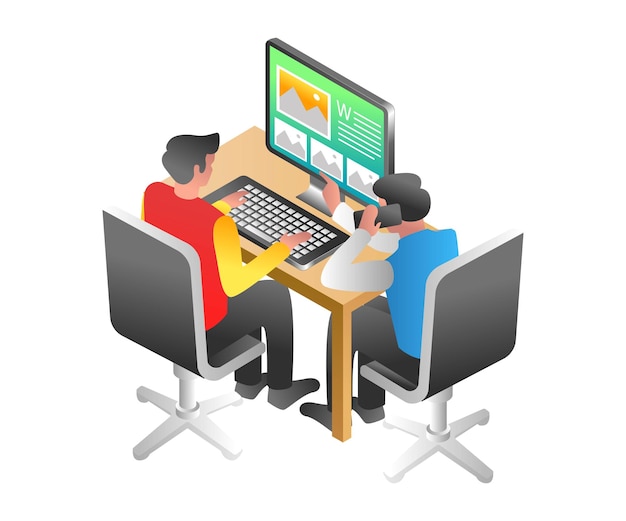 flat isometric illustration concept discussion about portfolio images