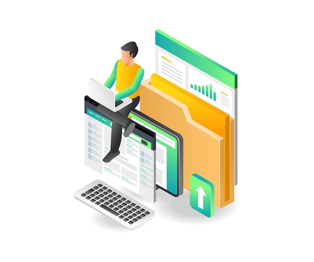 flat isometric illustration concept of man working on computer data analysis