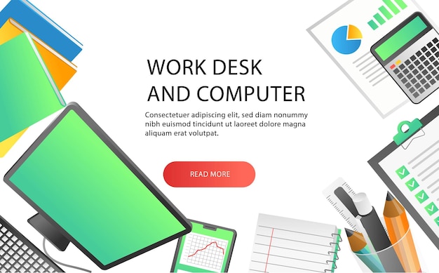 Flat isometric illustration concept professional workplace top view mockup