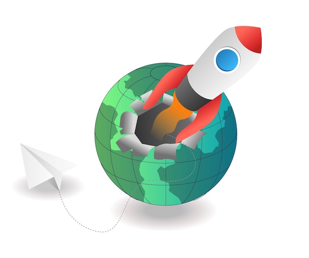 Flat isometric illustration concept Rocket rising from the bottom of the earth