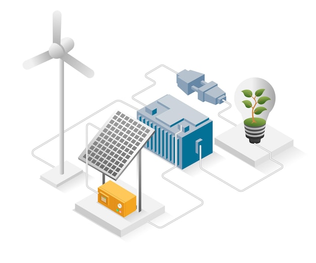 Flat isometric illustration concept solar panels and windmills energy