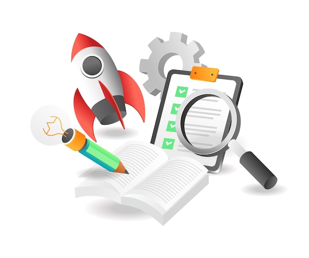 flat isometric illustration concept writing in a book with a rocket gliding