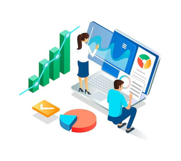 Flat isometric illustration concepts, publish digital reports in real-time and analyze data or files