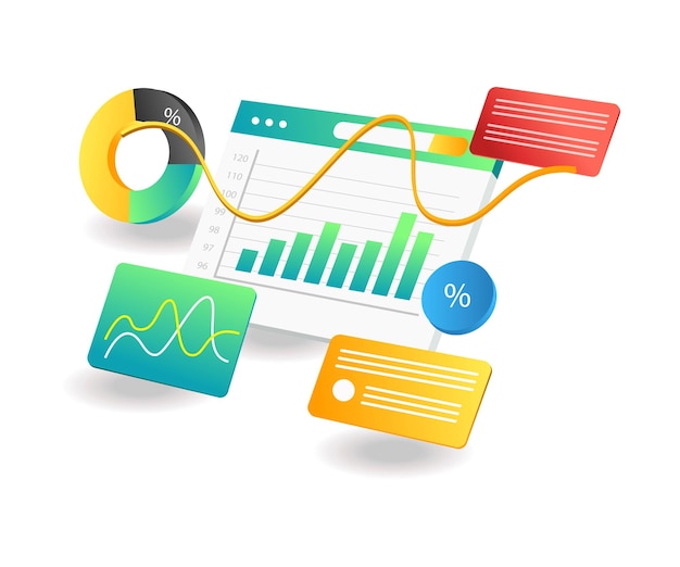 Flat isometric illustration landing page concept investment business analysis data strategy