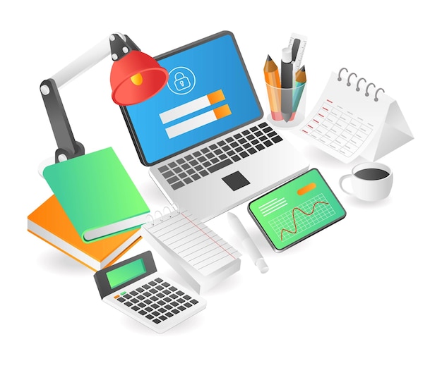 Flat isometric illustration landing page concept workplace professional