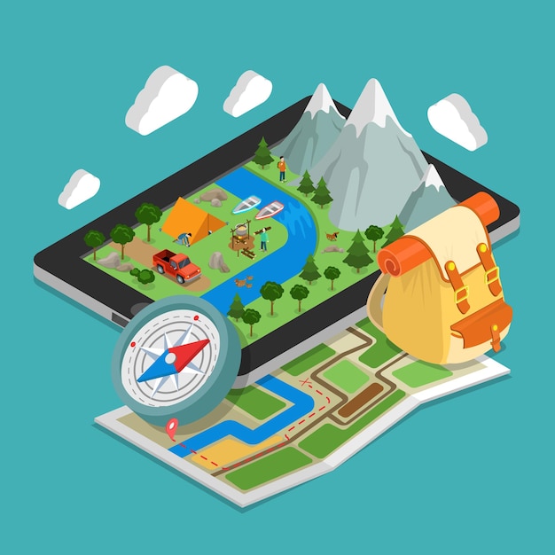 Vector flat isometric illustration with huge smartphone nature landscape and camping