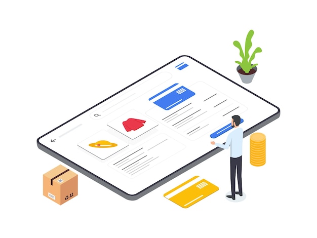 Flat isometric illustrations of a man using computer to select payment methods on various ecommerce