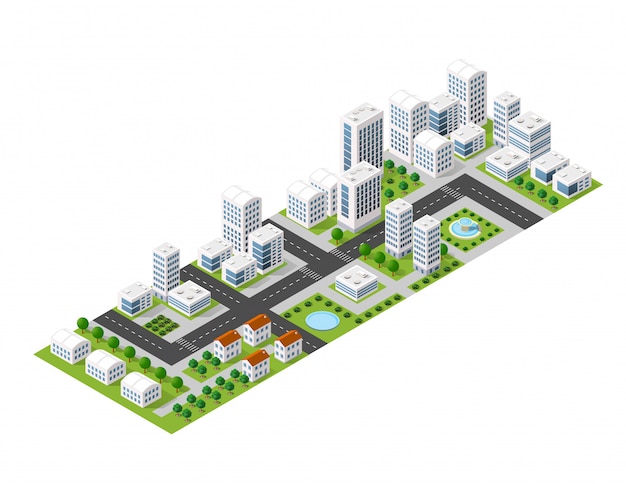 Flat isometric map, landscape city, building skyscraper, picture of the nature