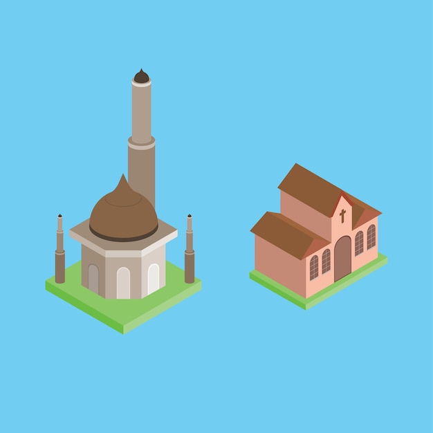 Flat isometric mosque and church set