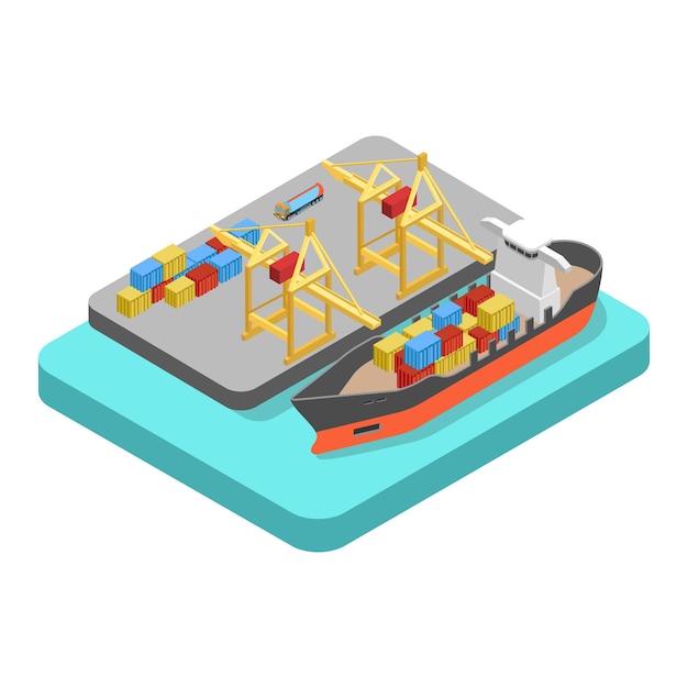 Flat isometric nautical transport cargo shipping harbor dock port concept