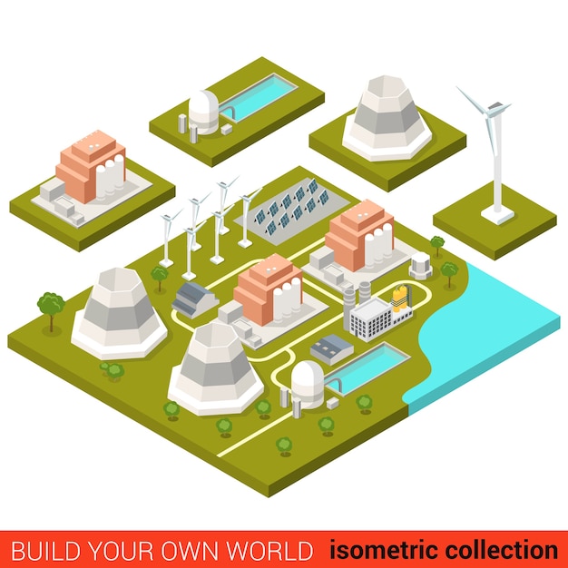 Flat isometric power alternative green energy heat plant building block infographic concept Wind turbine sun battery module atom nuclear Build your own infographics world collection