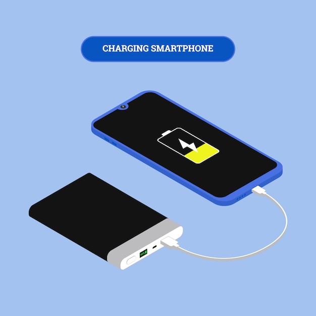 Flat isometric smartphone connected with power bank via USB cable.