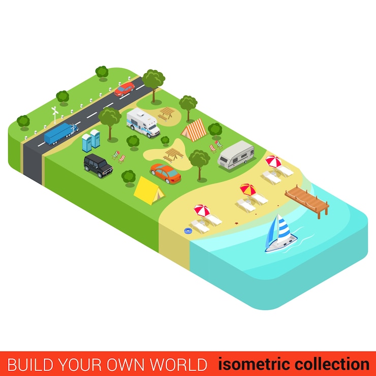 Vector flat isometric vacation holiday beach camping tourism building block infographic concept yacht marine sea shore sunbathing lounge tent camp motorhome build your own infographics world collection
