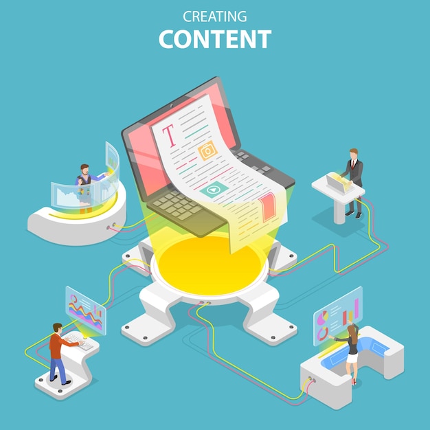 Flat isometric vector concept of content creating copywriting creative writing content marketing