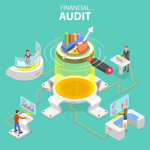 Flat isometric vector concept of financial audit service tax examination report planning and accounting