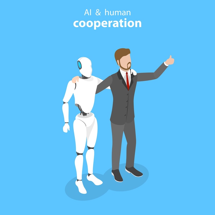 Vector flat isometric vector concept of robot and human cooperation