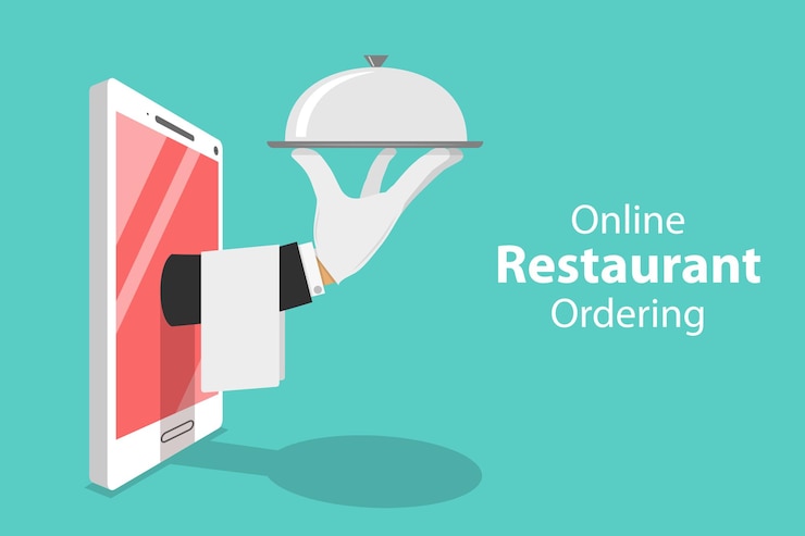Vector flat isometric vector concept of table online reservation mobile booking food ordering and delivery