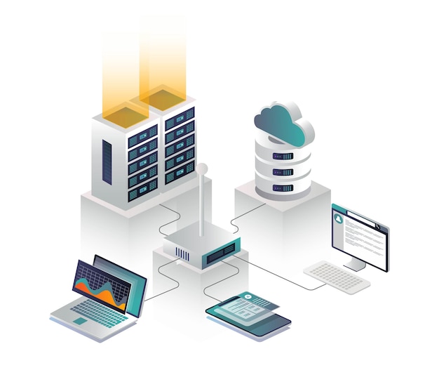 Vector flat isometric vector illustration cloud connection to a router and cloud server