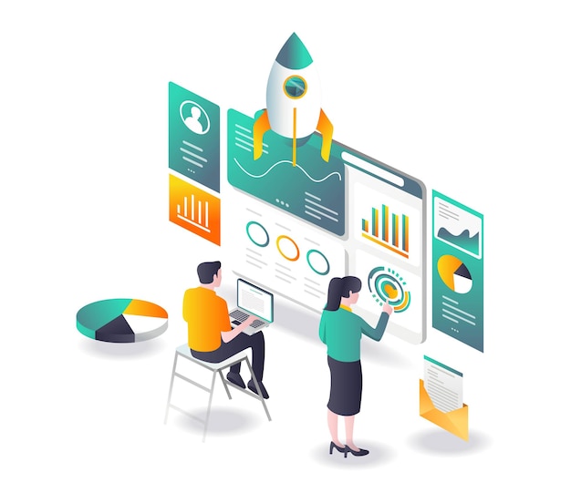 Flat isometric vector illustration  data analytics and seo optimization