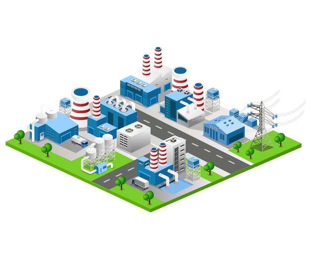 Vector flat isometric vector illustration, power generation orthogonal and factory industrial view