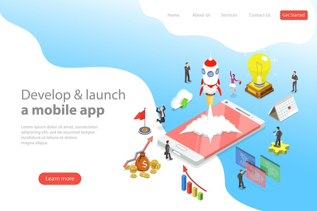 Flat isometric vector landing page templare of mobile app launch