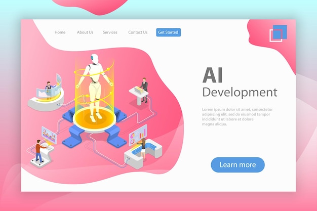 Flat isometric vector landing page template of AI development robot and human cooperation artificial intelligence rpa iot