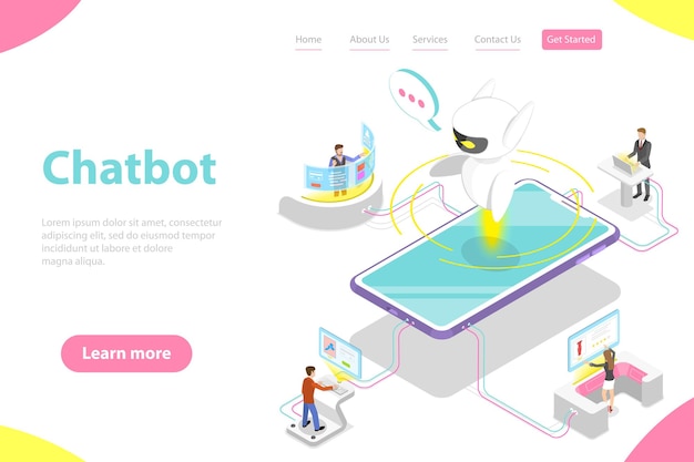 Flat isometric vector landing page template of chatbot ai artificial intelligence customer support markting strategy