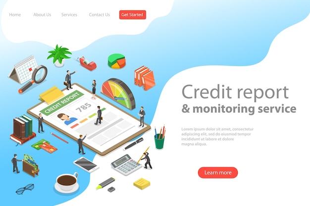 Flat isometric vector landing page template of credit score information