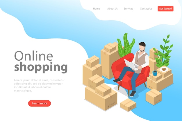 Flat isometric vector landing page template of easy shopping, e-commerce, online store, mobile payment, fast delivery.