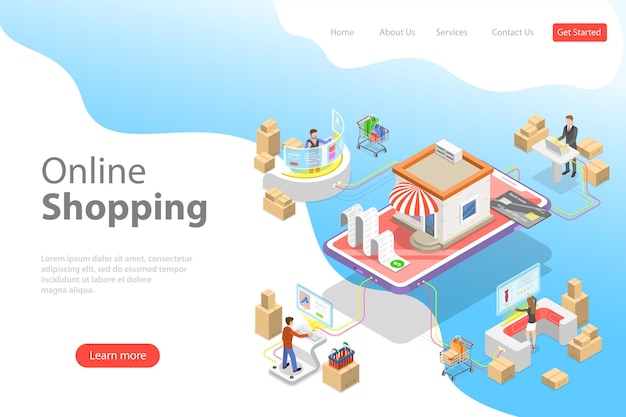 Flat isometric vector landing page template of easy shopping ecommerce online store mobile payment fast delivery