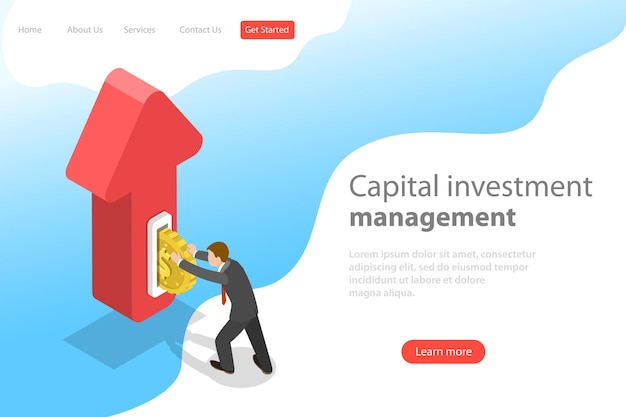 Flat isometric vector landing page template of financial investment