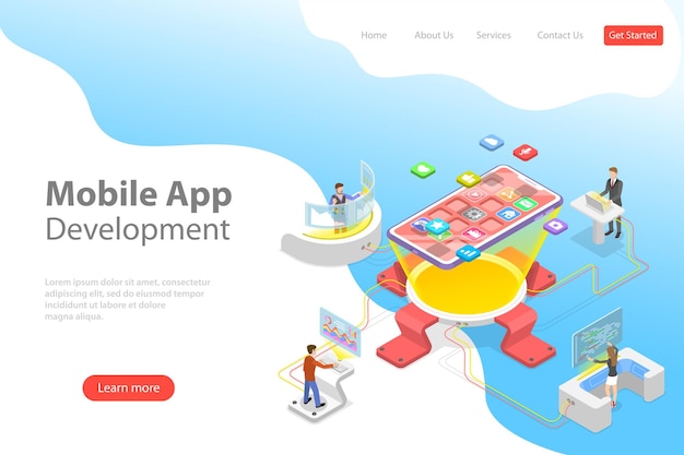 Flat isometric vector landing page template of mobile app development programming coding software