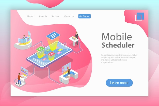 Flat isometric vector landing page template of mobile scheduler business planning schedule meeting appointment agenda