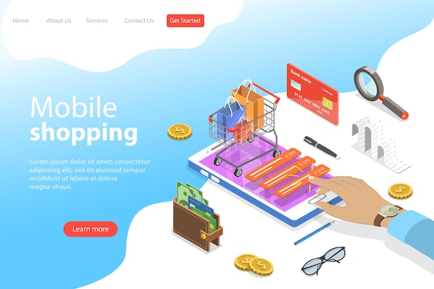 Flat isometric vector landing page template of mobile shopping, e-commerce, mobile payment.