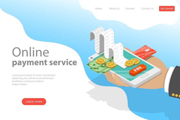 Flat isometric vector landing page template of online payment service