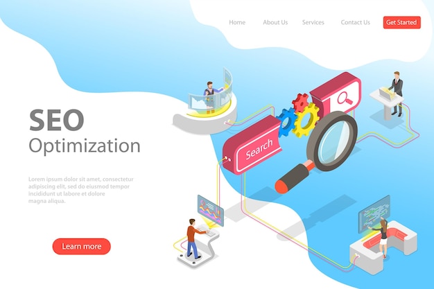 Vector flat isometric vector landing page template of search engine ranking web analytics seo website optimization marketing