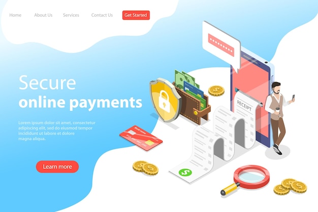 Flat isometric vector landing page template of secure online payment receipt