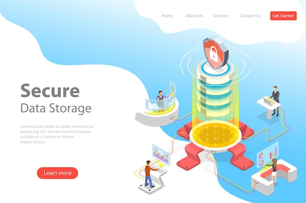 Flat isometric vector landing page template of secure online storage big data cloud computing service mobile device sync