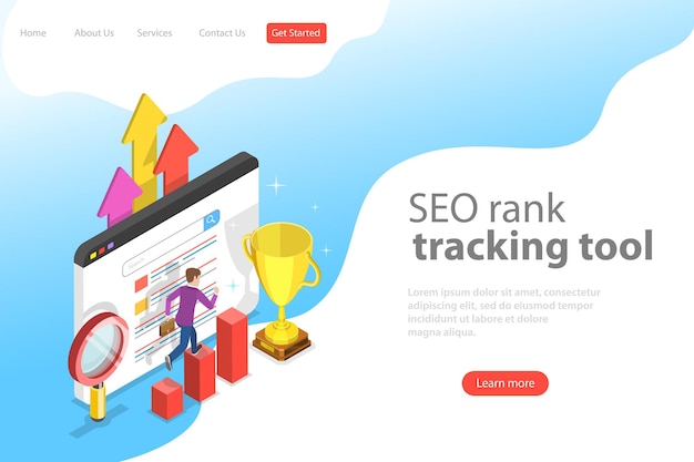 Flat isometric vector landing page template of seo rank tracking tool