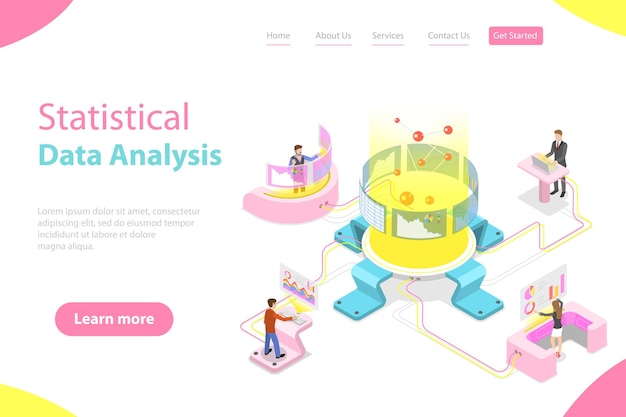 Vector flat isometric vector landing page template of statictical data analysis and analytics audit report company performance analysis