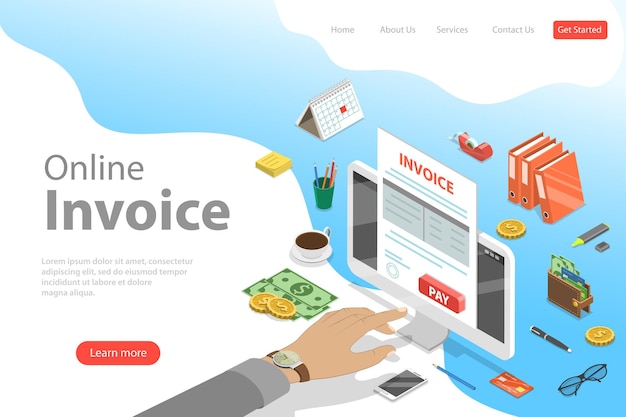 온라인 송장 지불 쇼핑 은행 회계 세금의 평면 아이소메트릭 벡터 착륙 페이트 템플릿