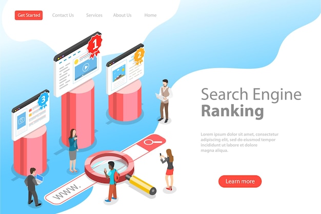 Flat isometric vector landing pate template of seo ranking website optimization marketing web analytics search engine