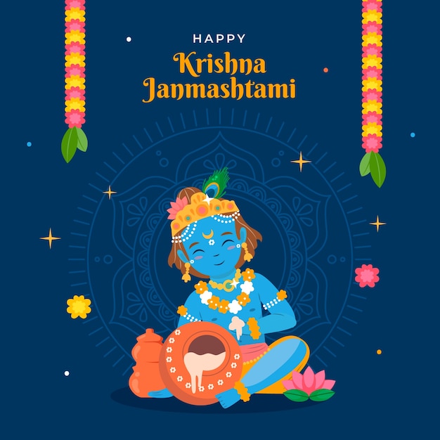 Flat janmashtami illustration with baby krishna