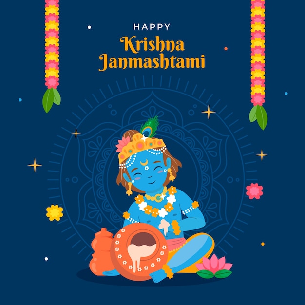 Vettore illustrazione piatta di janmashtami con baby krishna