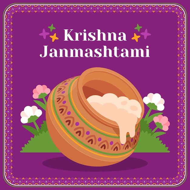 Vector flat janmashtami illustration with rice vessels