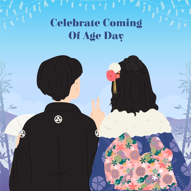 Vector flat japanese coming of age celebration illustration