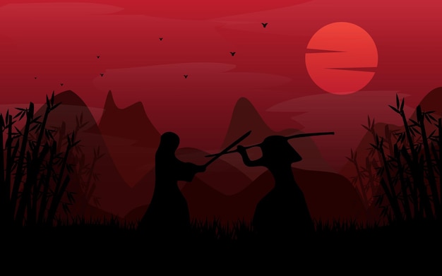 Flat japanese fight silhoutte illustration with mountain landscape background