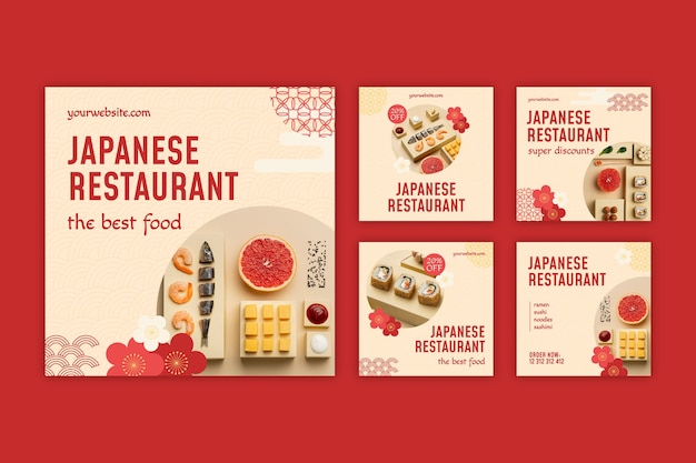 Vector flat japanese restaurant instagram posts collection