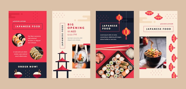 Vector flat japanese restaurant instagram stories collection with traditional food