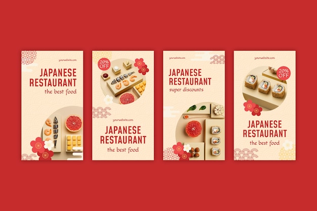 Vector flat japanese restaurant instagram stories collection